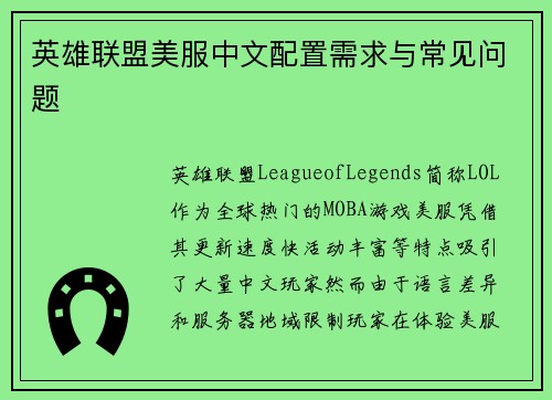 英雄联盟美服中文配置需求与常见问题