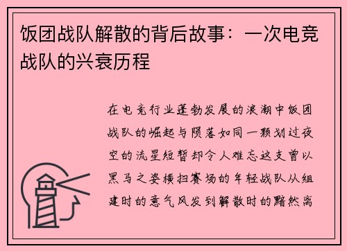 饭团战队解散的背后故事：一次电竞战队的兴衰历程
