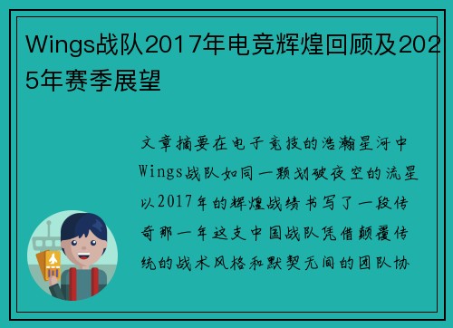 Wings战队2017年电竞辉煌回顾及2025年赛季展望